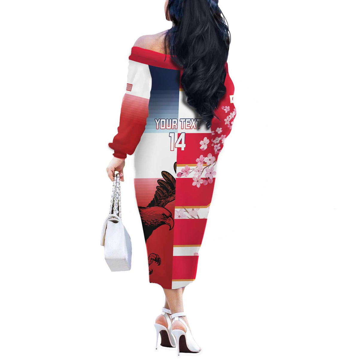 USA and Japan Rugby Custom Off The Shoulder Long Sleeve Dress Eagles Brave Blossoms Together Pacific - Polynesian Pride