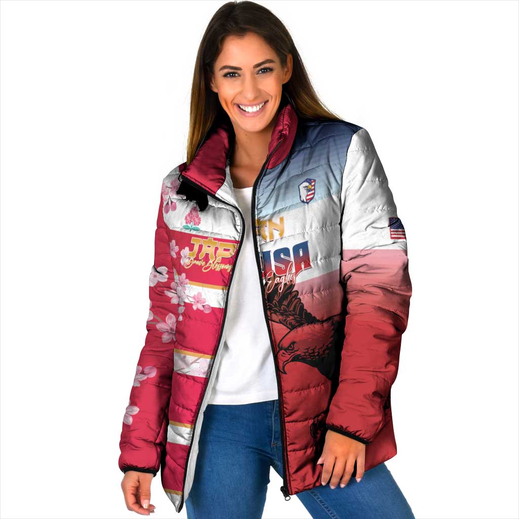 USA and Japan Rugby Custom Padded Jacket Eagles Brave Blossoms Together Pacific LT14 Women Red - Polynesian Pride