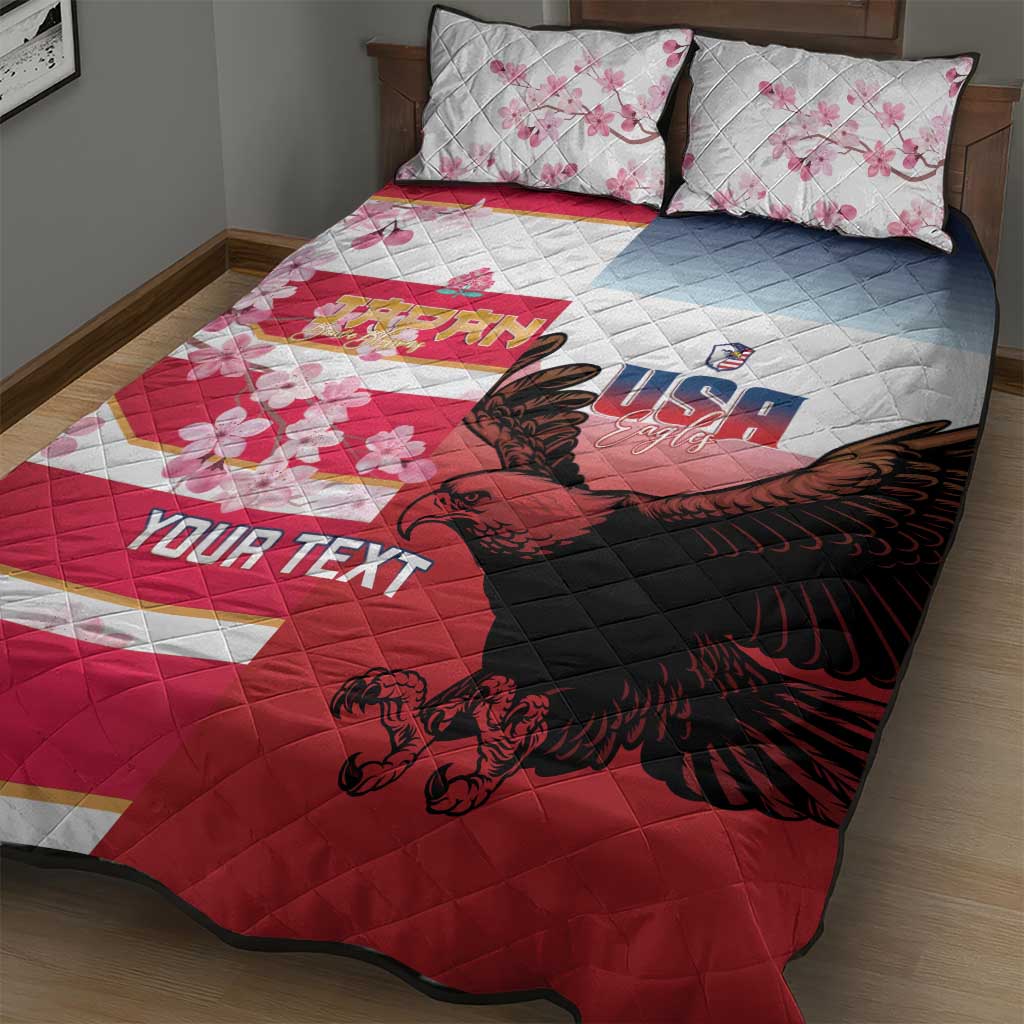USA and Japan Rugby Custom Quilt Bed Set Eagles Brave Blossoms Together Pacific - Polynesian Pride