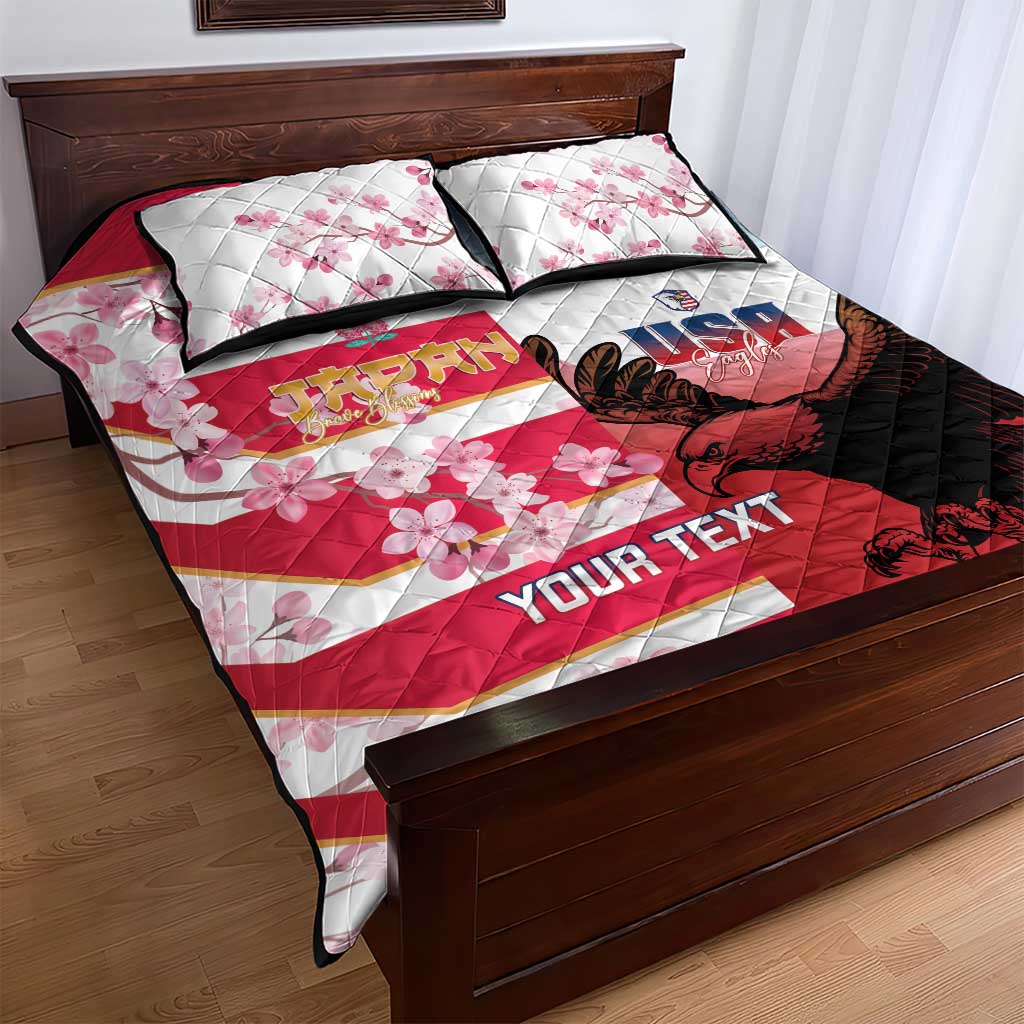 USA and Japan Rugby Custom Quilt Bed Set Eagles Brave Blossoms Together Pacific - Polynesian Pride