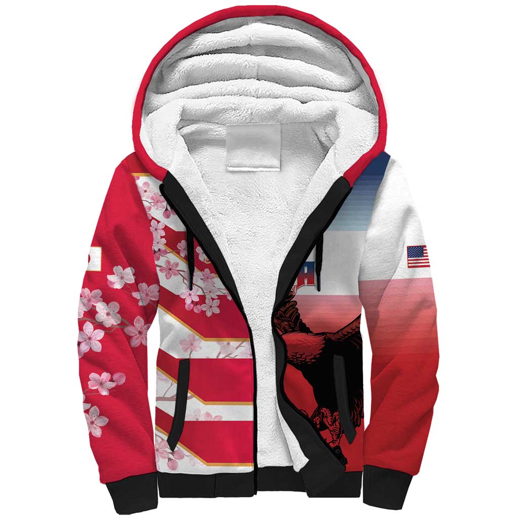 USA and Japan Rugby Custom Sherpa Hoodie Eagles Brave Blossoms Together Pacific LT14 Unisex Red - Polynesian Pride