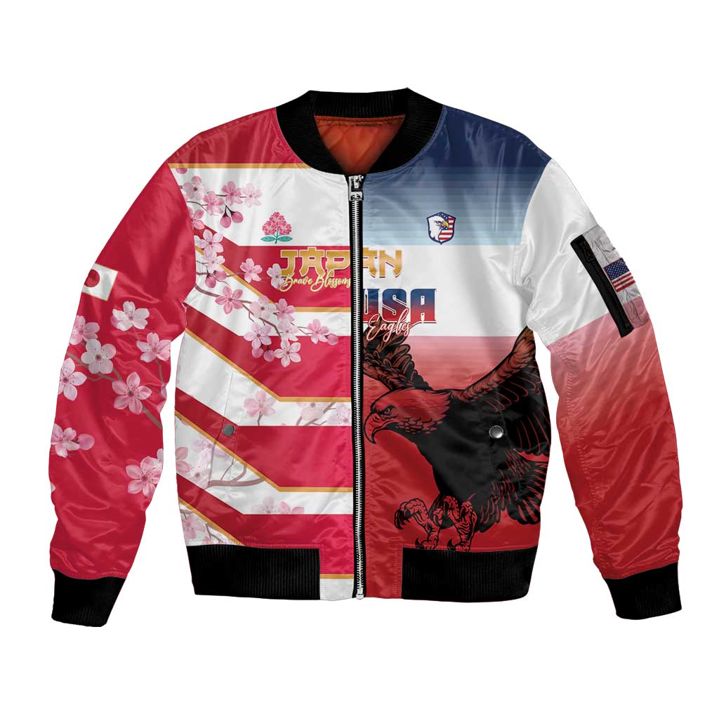 USA and Japan Rugby Custom Sleeve Zip Bomber Jacket Eagles Brave Blossoms Together Pacific - Polynesian Pride