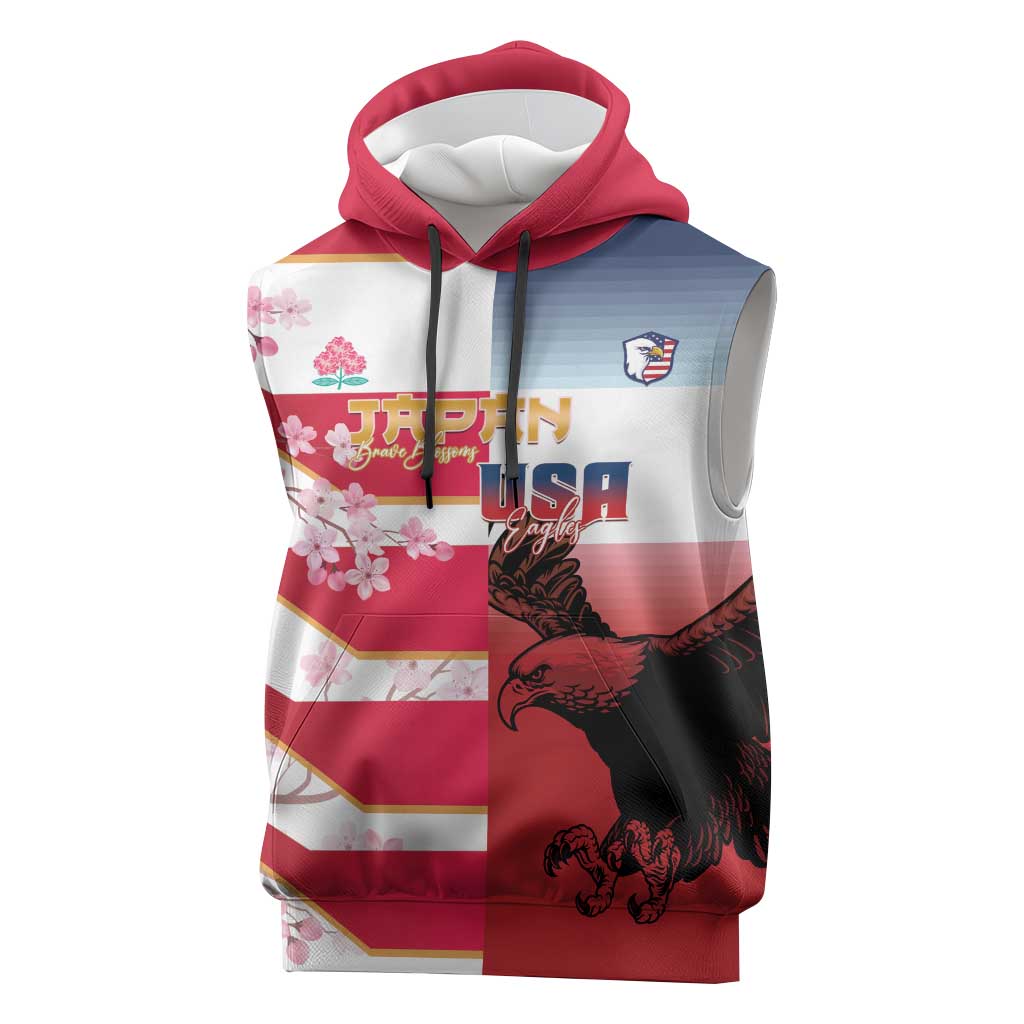 USA and Japan Rugby Custom Sleeveless Hoodie Eagles Brave Blossoms Together Pacific LT14 Red - Polynesian Pride