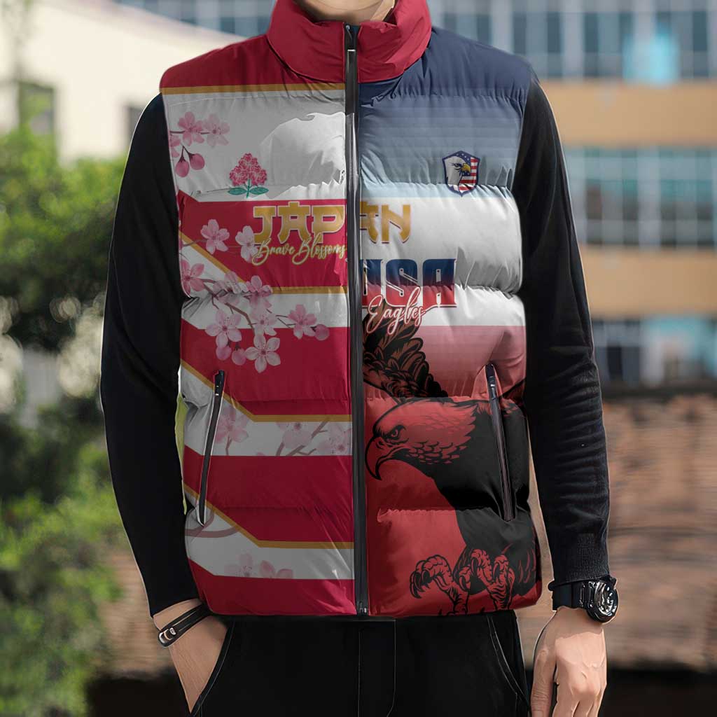 USA and Japan Rugby Custom Sleeveless Puffer Jacket Eagles Brave Blossoms Together Pacific LT14 - Polynesian Pride