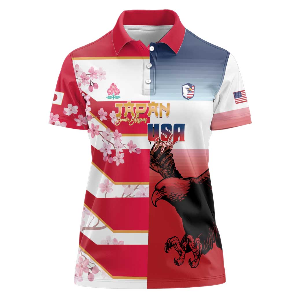 USA and Japan Rugby Custom Women Polo Shirt Eagles Brave Blossoms Together Pacific - Polynesian Pride