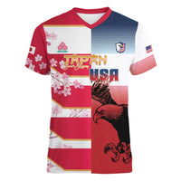 USA and Japan Rugby Custom Women V-Neck T-Shirt Eagles Brave Blossoms Together Pacific - Polynesian Pride