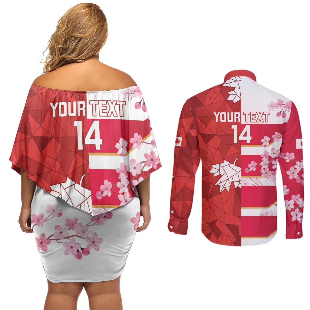 Canada and Japan Rugby Custom Couples Matching Off Shoulder Short Dress and Long Sleeve Button Shirt Canucks Brave Blossoms Together Pacific - Polynesian Pride