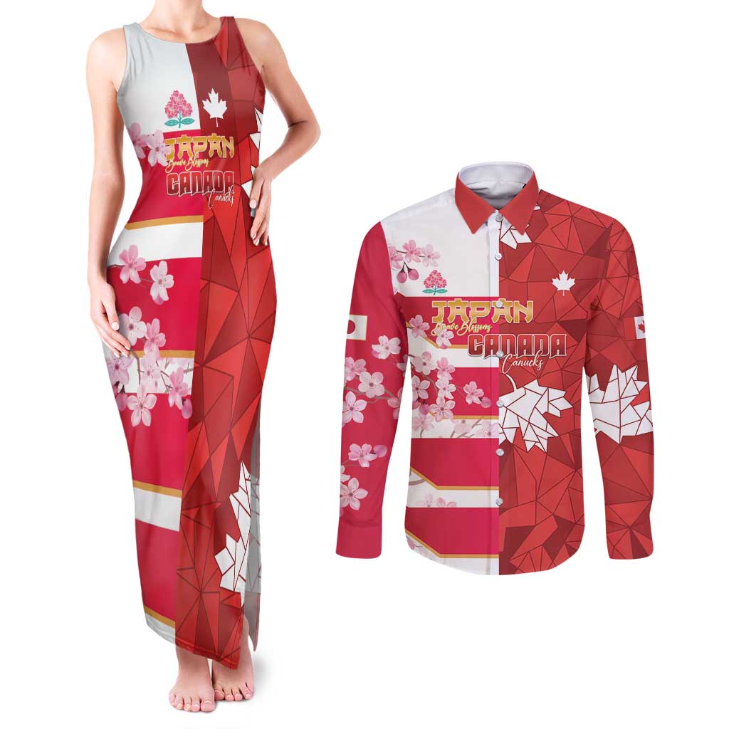 Canada and Japan Rugby Custom Couples Matching Tank Maxi Dress and Long Sleeve Button Shirt Canucks Brave Blossoms Together Pacific LT14 Red - Polynesian Pride
