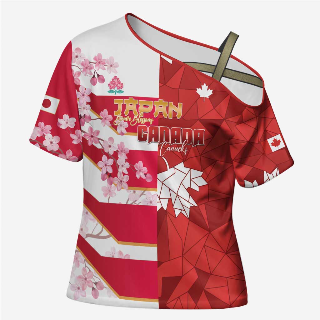 Canada and Japan Rugby Custom Cross Shoulder Shirt Canucks Brave Blossoms Together Pacific LT14 Female Red - Polynesian Pride