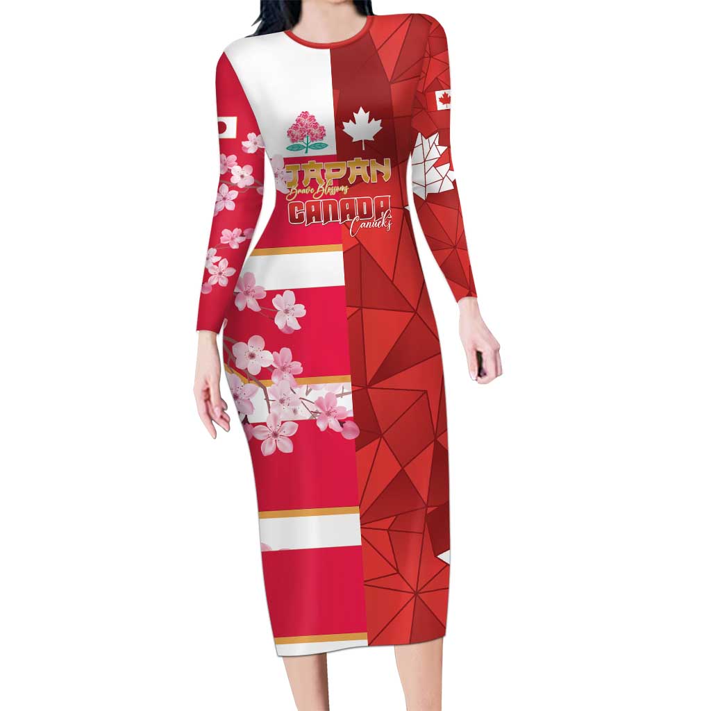 Canada and Japan Rugby Custom Family Matching Long Sleeve Bodycon Dress and Hawaiian Shirt Canucks Brave Blossoms Together Pacific - Polynesian Pride