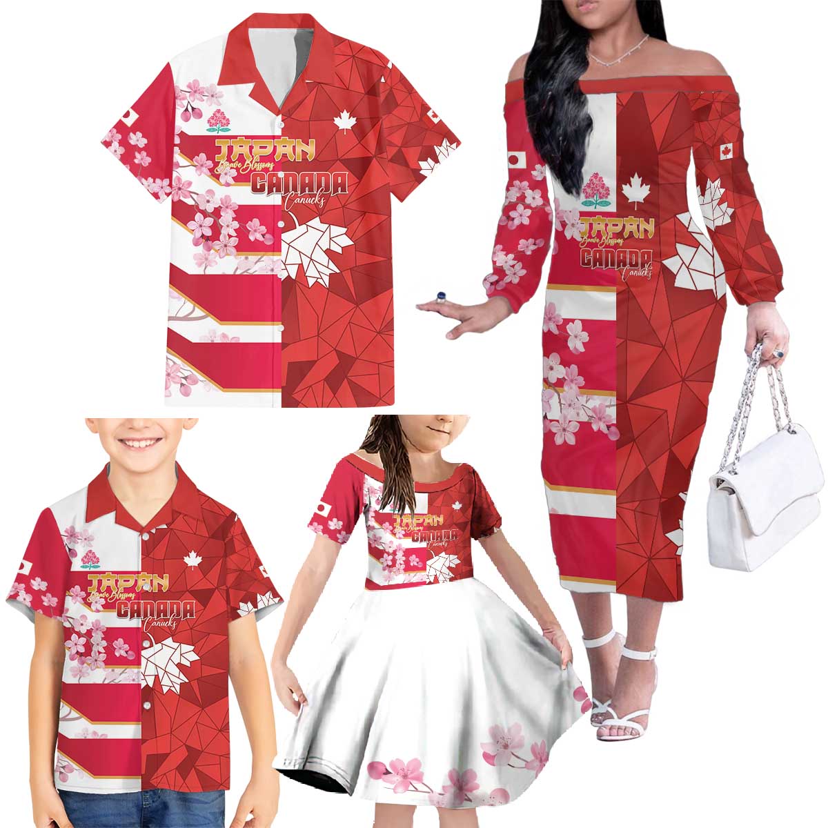 Canada and Japan Rugby Custom Family Matching Off The Shoulder Long Sleeve Dress and Hawaiian Shirt Canucks Brave Blossoms Together Pacific - Polynesian Pride
