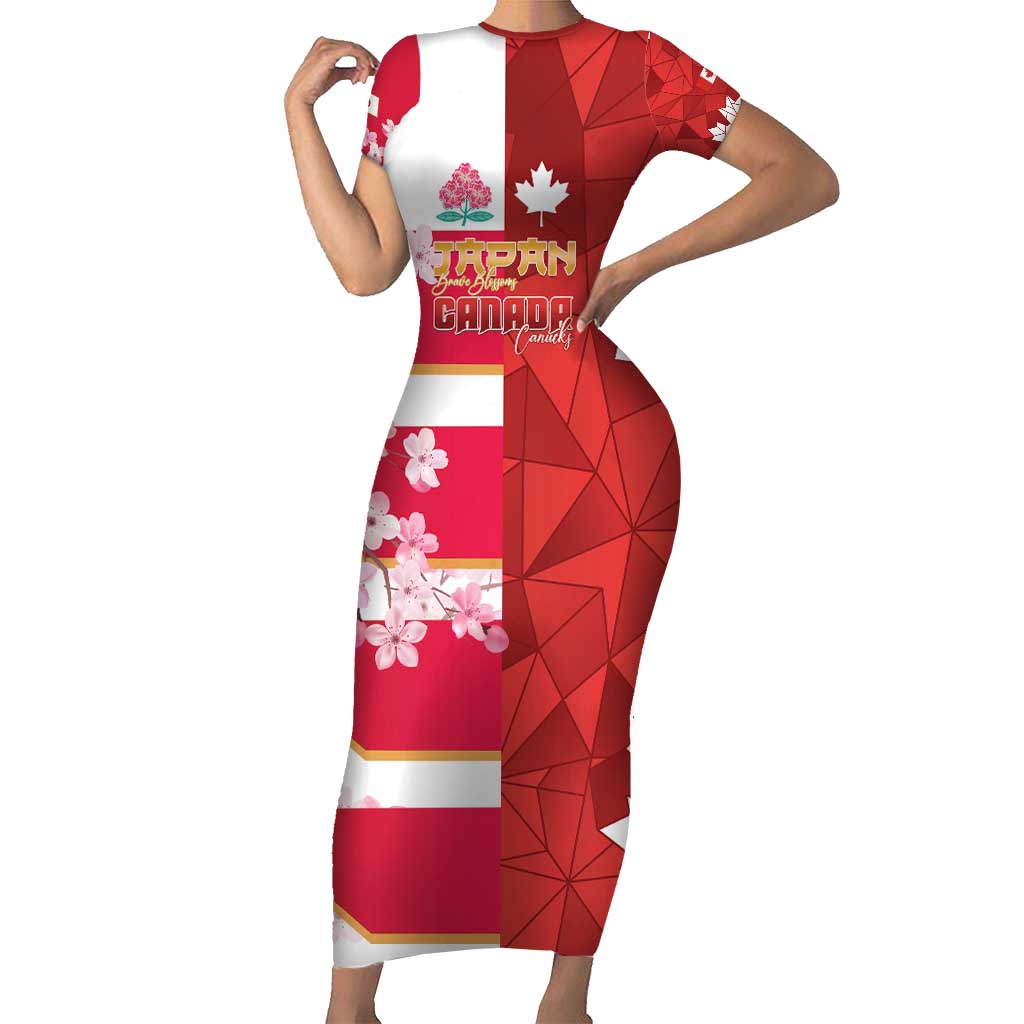 Canada and Japan Rugby Custom Family Matching Short Sleeve Bodycon Dress and Hawaiian Shirt Canucks Brave Blossoms Together Pacific - Polynesian Pride