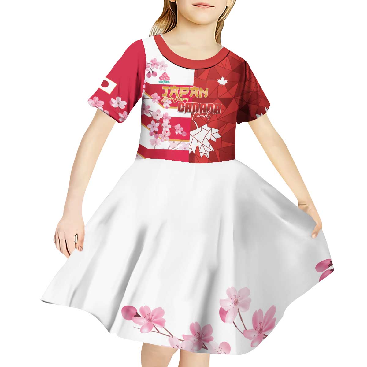 Canada and Japan Rugby Custom Kid Short Sleeve Dress Canucks Brave Blossoms Together Pacific - Polynesian Pride