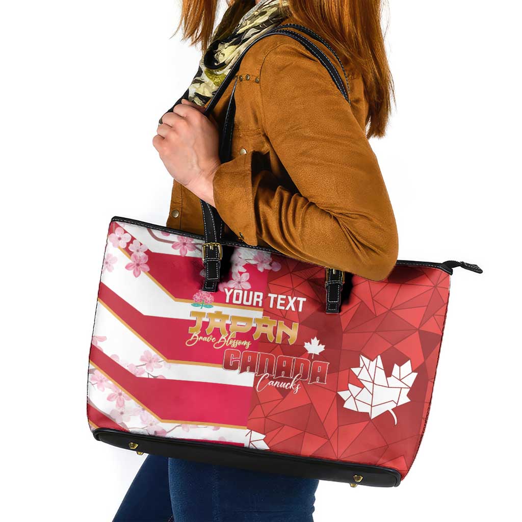 Canada and Japan Rugby Custom Leather Tote Bag Canucks Brave Blossoms Together Pacific - Polynesian Pride