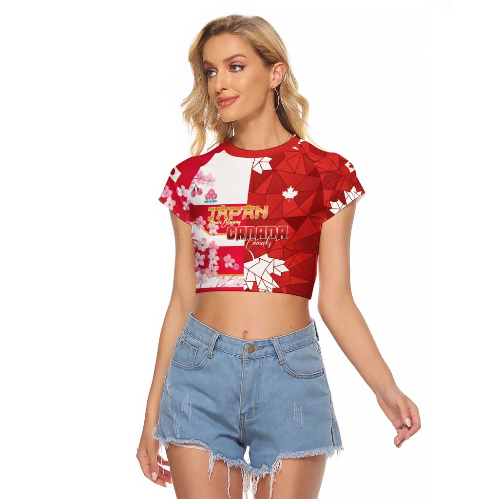 Canada and Japan Rugby Custom Raglan Cropped T Shirt Canucks Brave Blossoms Together Pacific - Polynesian Pride