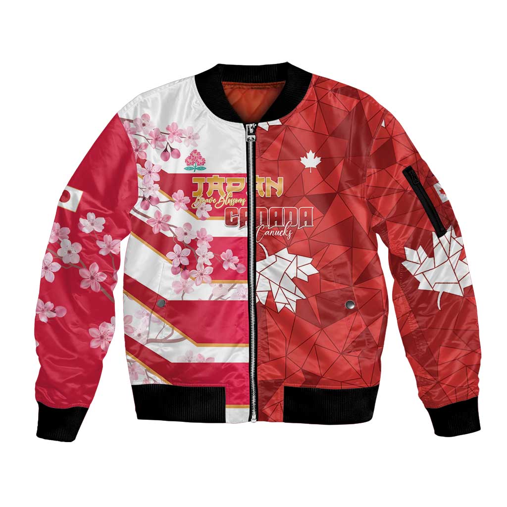 Canada and Japan Rugby Custom Sleeve Zip Bomber Jacket Canucks Brave Blossoms Together Pacific - Polynesian Pride