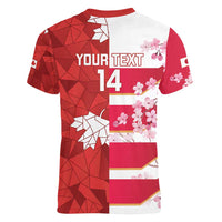 Canada and Japan Rugby Custom Women V-Neck T-Shirt Canucks Brave Blossoms Together Pacific - Polynesian Pride