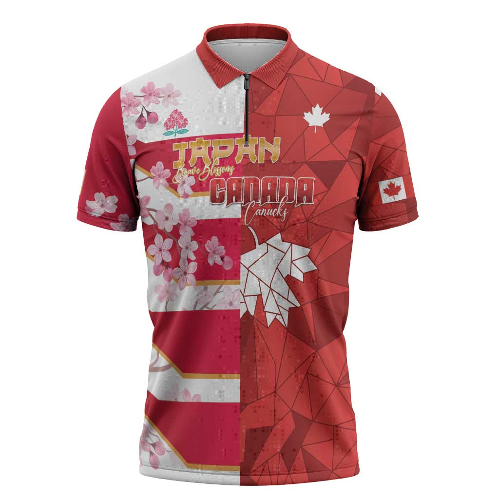 Canada and Japan Rugby Custom Zipper Polo Shirt Canucks Brave Blossoms Together Pacific - Polynesian Pride
