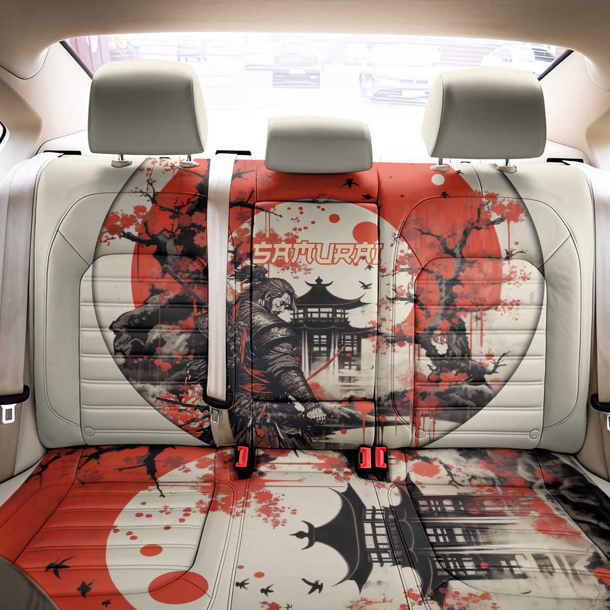Samurai Warrior Japan Back Car Seat Cover Red-blossomed Tree Classic Japanese Stylized - Polynesian Pride