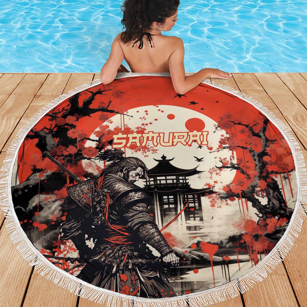 Samurai Warrior Japan Beach Blanket Red-blossomed Tree Classic Japanese Stylized LT14 - Polynesian Pride