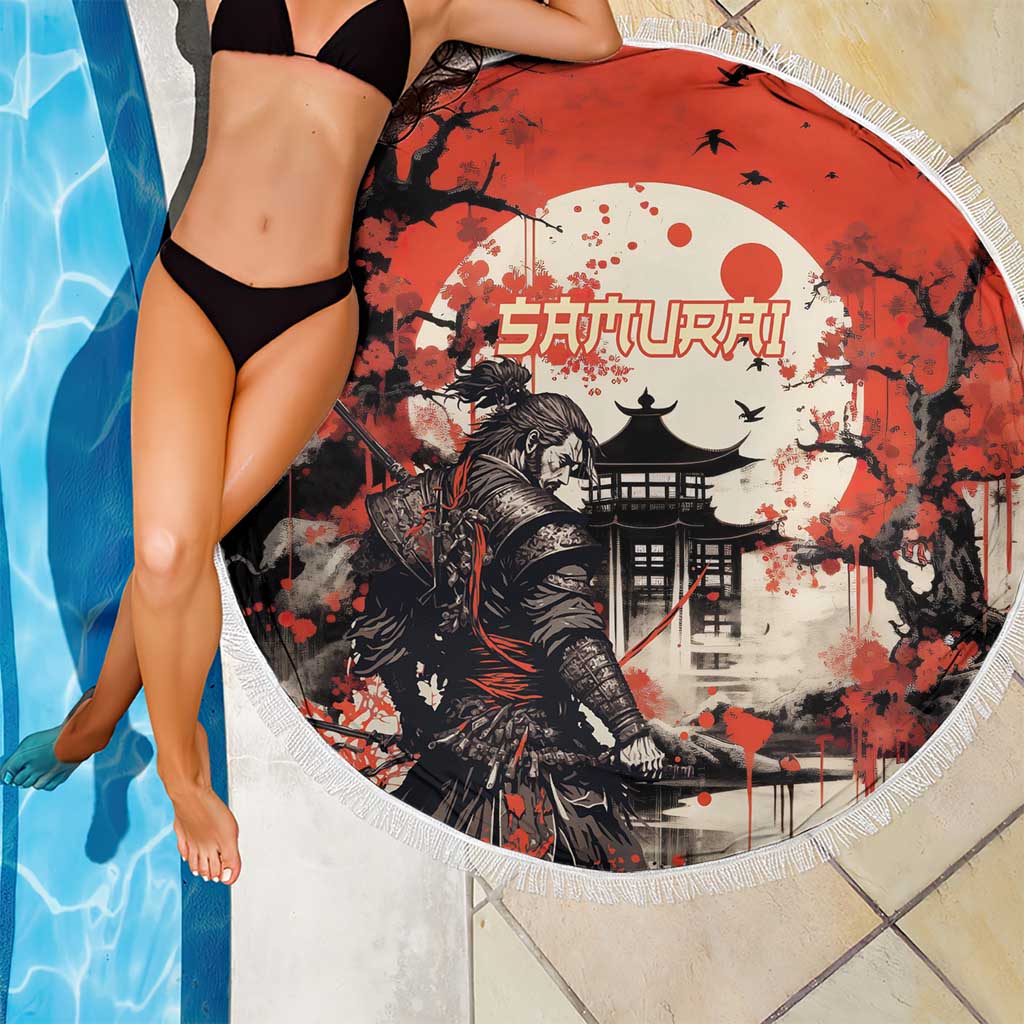 Samurai Warrior Japan Beach Blanket Red-blossomed Tree Classic Japanese Stylized LT14 - Polynesian Pride