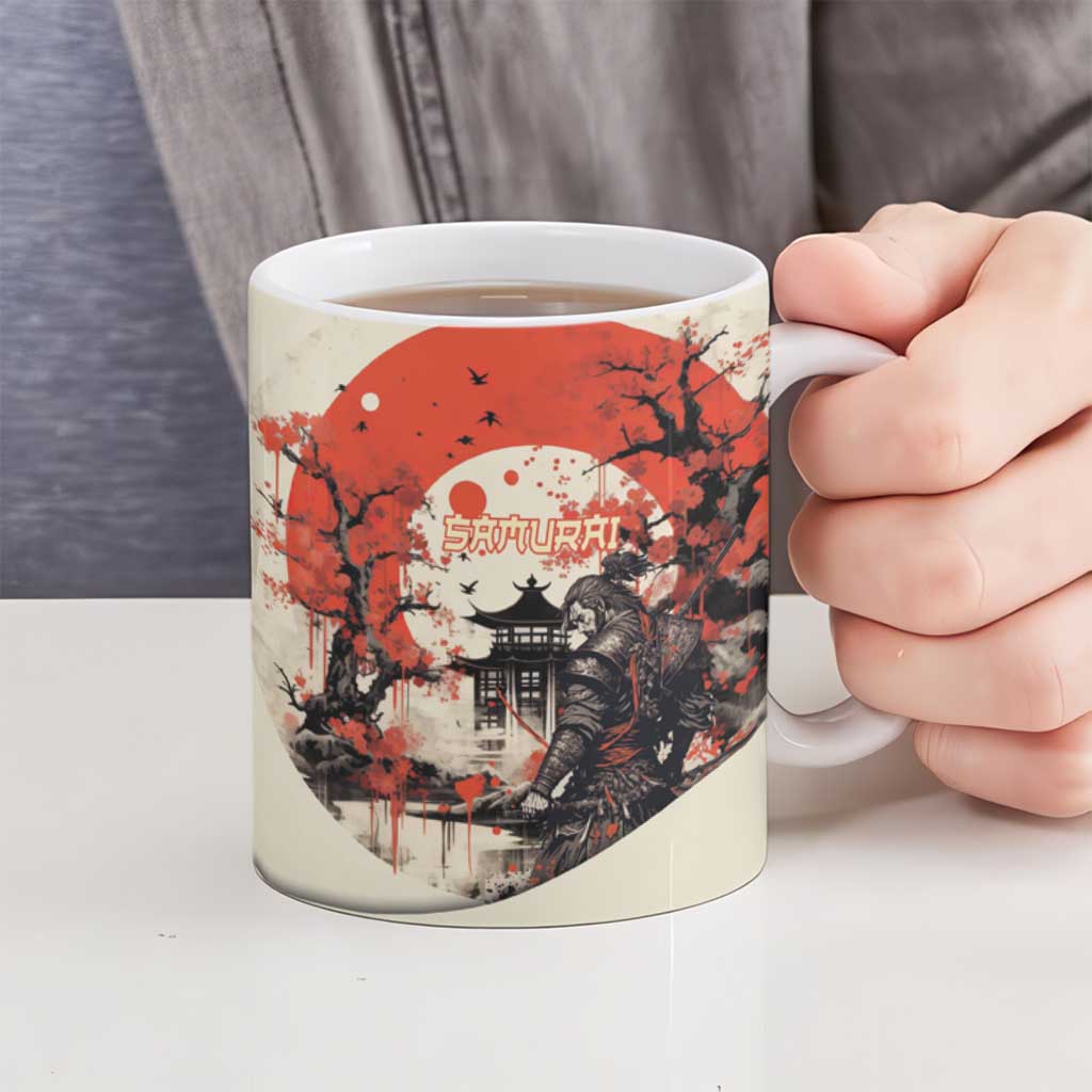 Samurai Warrior Japan Ceramic Mug Red-blossomed Tree Classic Japanese Stylized LT14 - Polynesian Pride
