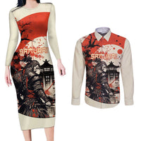 Samurai Warrior Japan Couples Matching Long Sleeve Bodycon Dress and Long Sleeve Button Shirt Red-blossomed Tree Classic Japanese Stylized LT14 Red - Polynesian Pride