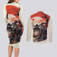 Samurai Warrior Japan Couples Matching Long Sleeve Bodycon Dress and Long Sleeve Button Shirt Red-blossomed Tree Classic Japanese Stylized LT14 - Polynesian Pride