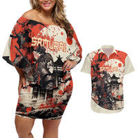 Samurai Warrior Japan Couples Matching Off Shoulder Short Dress and Hawaiian Shirt Red-blossomed Tree Classic Japanese Stylized - Polynesian Pride