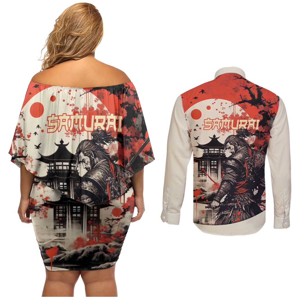 Samurai Warrior Japan Couples Matching Off Shoulder Short Dress and Long Sleeve Button Shirt Red-blossomed Tree Classic Japanese Stylized LT14 - Polynesian Pride
