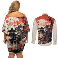 Samurai Warrior Japan Couples Matching Off Shoulder Short Dress and Long Sleeve Button Shirt Red-blossomed Tree Classic Japanese Stylized LT14 - Polynesian Pride