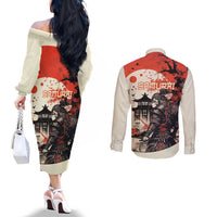 Samurai Warrior Japan Couples Matching Off The Shoulder Long Sleeve Dress and Long Sleeve Button Shirt Red-blossomed Tree Classic Japanese Stylized LT14 - Polynesian Pride