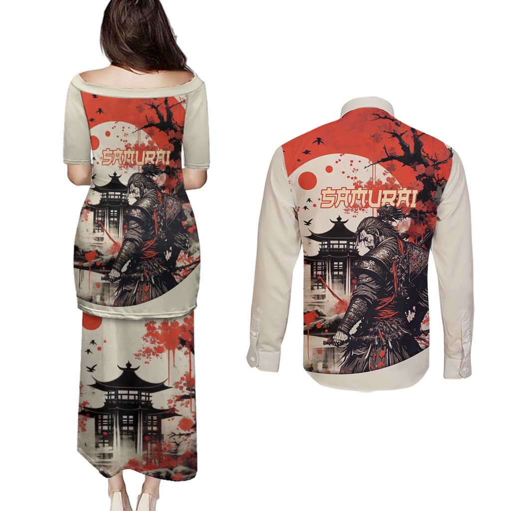Samurai Warrior Japan Couples Matching Puletasi and Long Sleeve Button Shirt Red-blossomed Tree Classic Japanese Stylized LT14 - Polynesian Pride