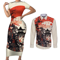 Samurai Warrior Japan Couples Matching Short Sleeve Bodycon Dress and Long Sleeve Button Shirt Red-blossomed Tree Classic Japanese Stylized LT14 Red - Polynesian Pride