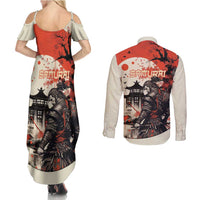 Samurai Warrior Japan Couples Matching Summer Maxi Dress and Long Sleeve Button Shirt Red-blossomed Tree Classic Japanese Stylized LT14 - Polynesian Pride