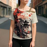 Samurai Warrior Japan Cross Shoulder Shirt Red-blossomed Tree Classic Japanese Stylized LT14 - Polynesian Pride