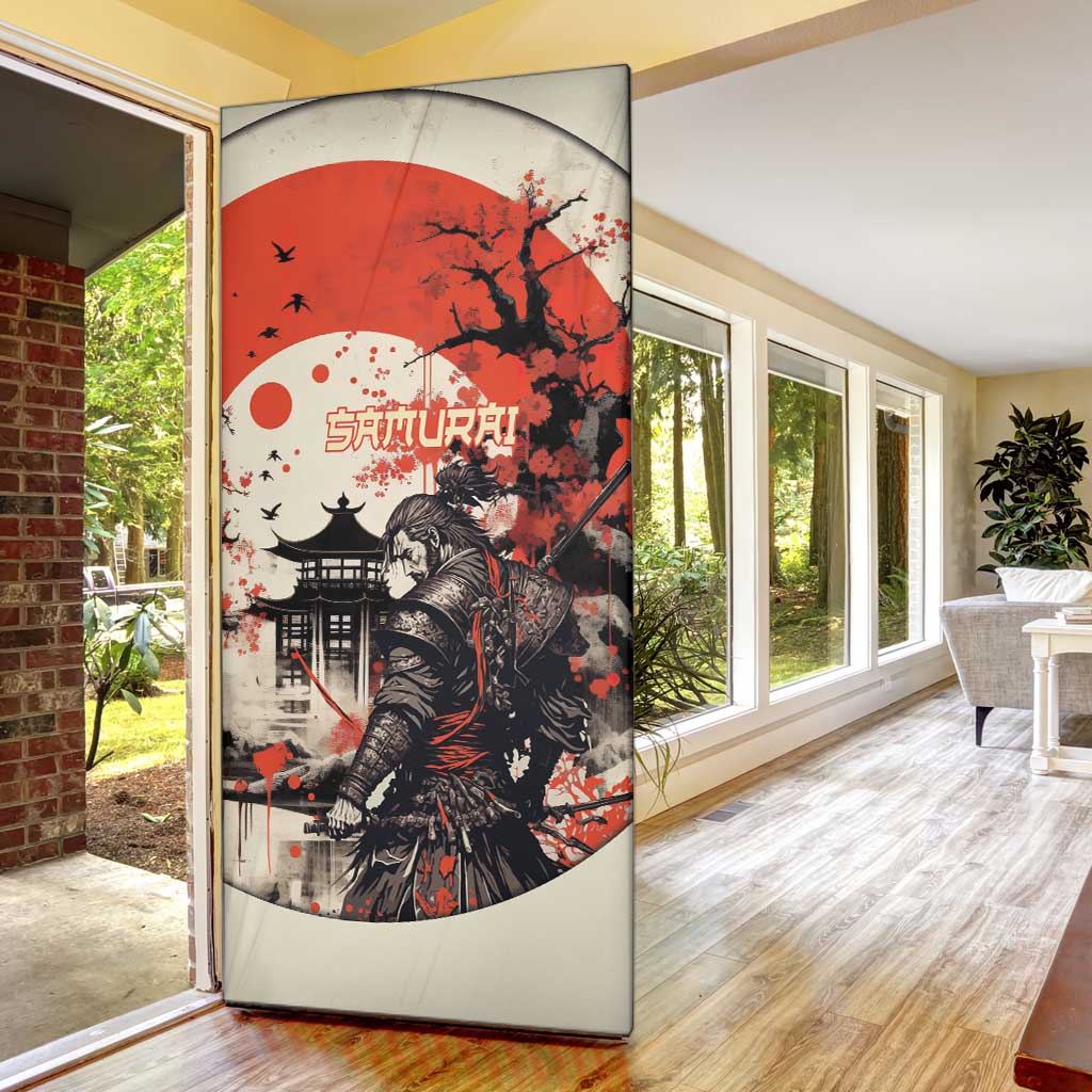Samurai Warrior Japan Door Cover Red-blossomed Tree Classic Japanese Stylized - Polynesian Pride