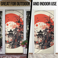 Samurai Warrior Japan Door Cover Red-blossomed Tree Classic Japanese Stylized - Polynesian Pride