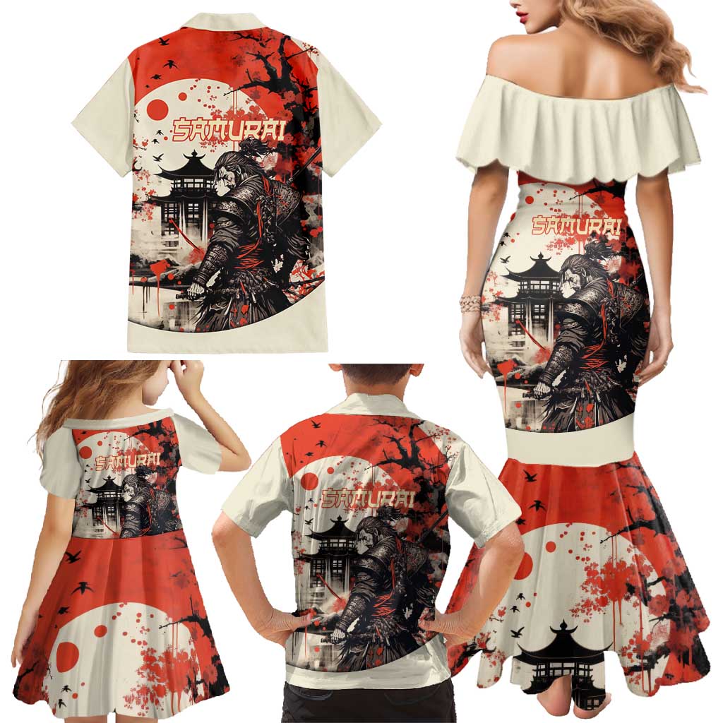 Samurai Warrior Japan Family Matching Mermaid Dress and Hawaiian Shirt Red-blossomed Tree Classic Japanese Stylized - Polynesian Pride