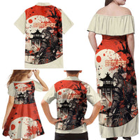 Samurai Warrior Japan Family Matching Off Shoulder Maxi Dress and Hawaiian Shirt Red-blossomed Tree Classic Japanese Stylized - Polynesian Pride