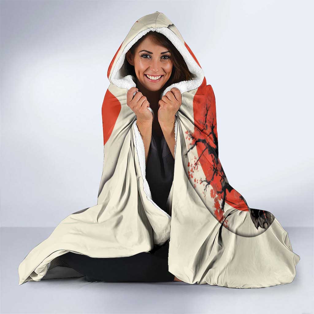 Samurai Warrior Japan Hooded Blanket Red-blossomed Tree Classic Japanese Stylized - Polynesian Pride