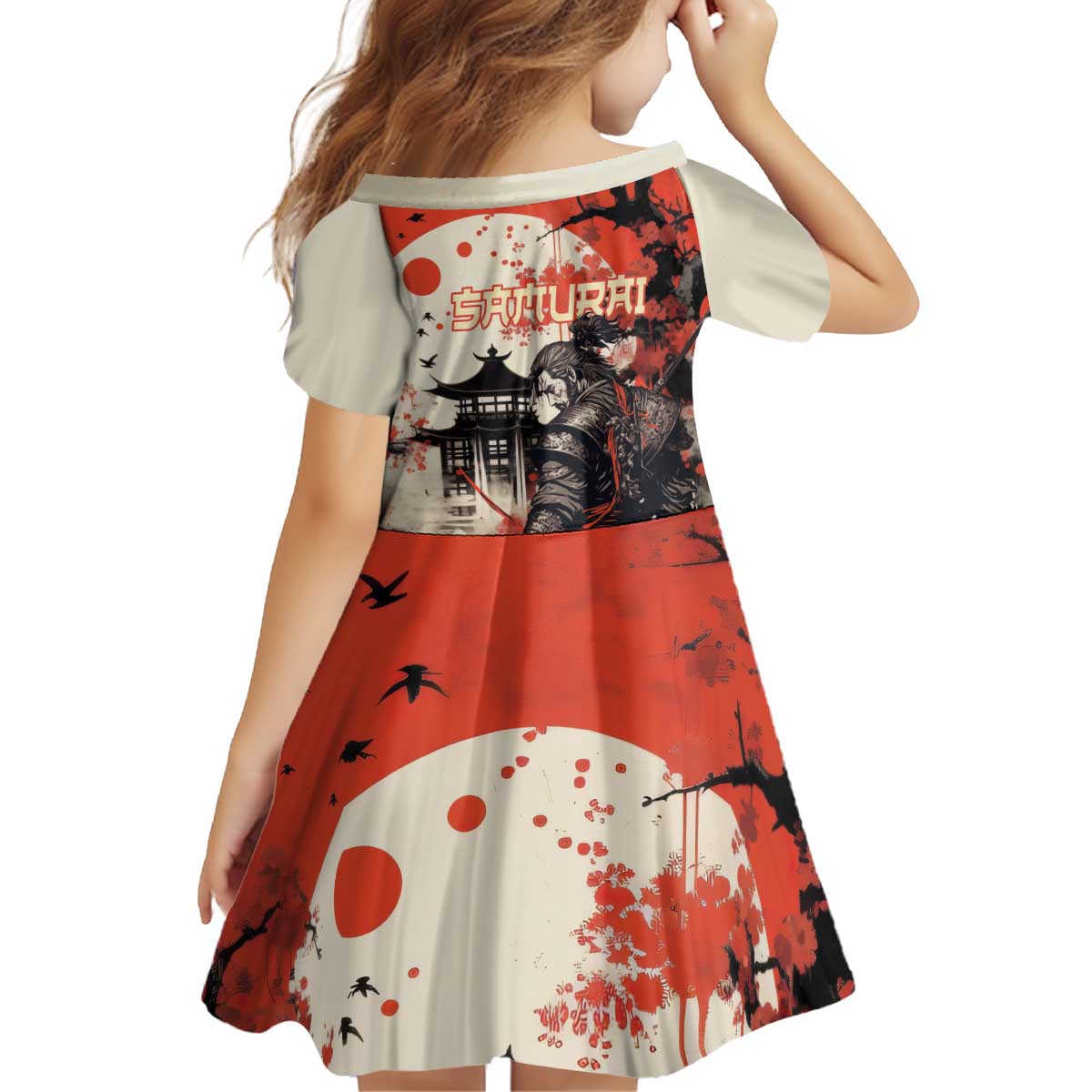 Samurai Warrior Japan Kid Short Sleeve Dress Red-blossomed Tree Classic Japanese Stylized - Polynesian Pride