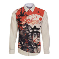 Samurai Warrior Japan Long Sleeve Button Shirt Red-blossomed Tree Classic Japanese Stylized LT14 Unisex Red - Polynesian Pride
