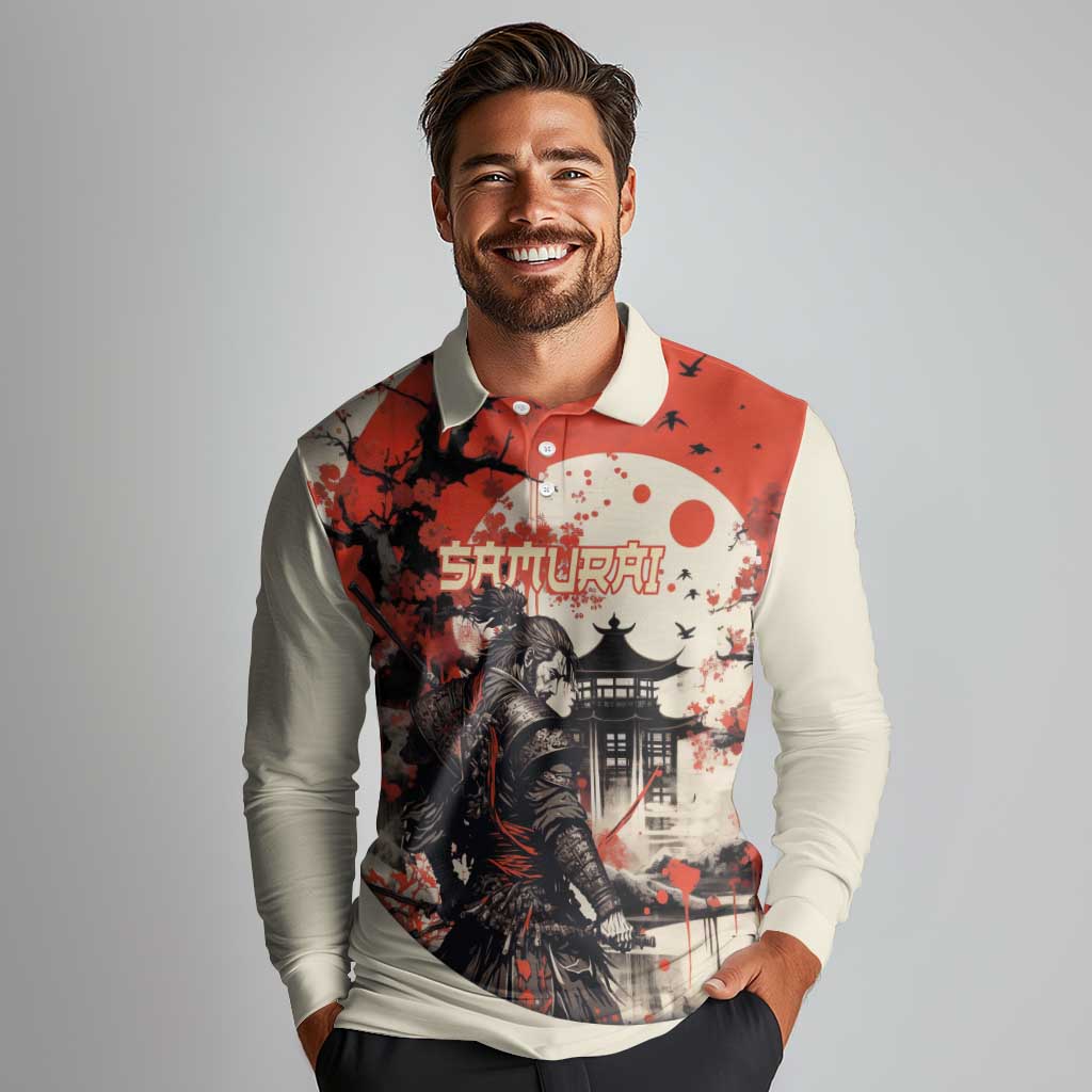 Samurai Warrior Japan Long Sleeve Polo Shirt Red-blossomed Tree Classic Japanese Stylized LT14 - Polynesian Pride