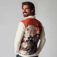 Samurai Warrior Japan Long Sleeve Polo Shirt Red-blossomed Tree Classic Japanese Stylized LT14 - Polynesian Pride