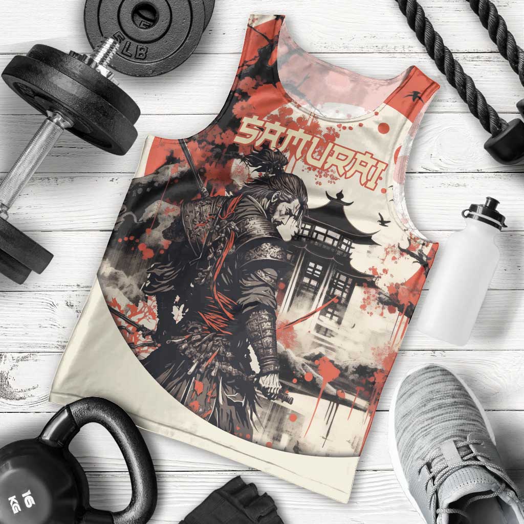 Samurai Warrior Japan Men Tank Top Red-blossomed Tree Classic Japanese Stylized LT14 - Polynesian Pride