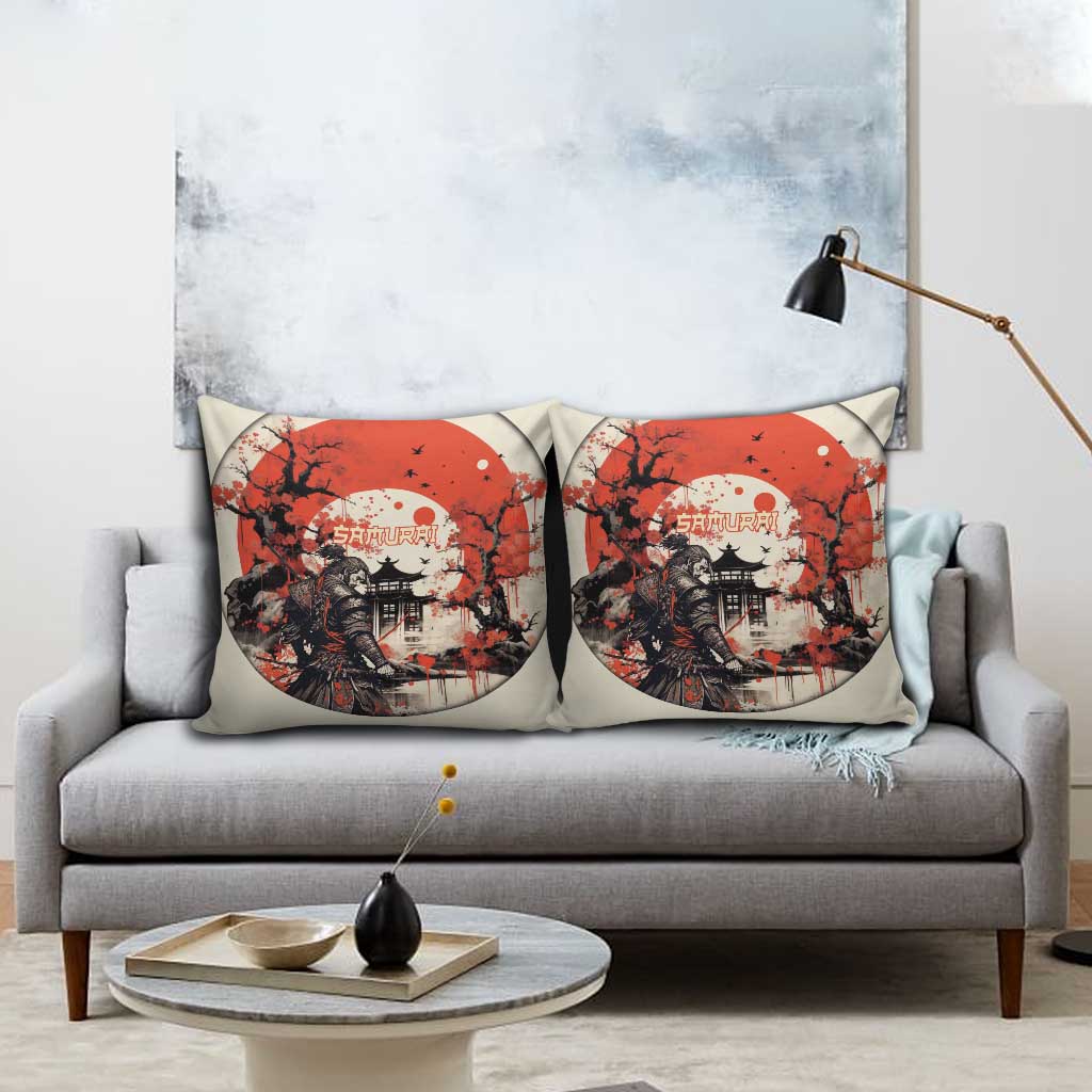 Samurai Warrior Japan Pillow Cover Red-blossomed Tree Classic Japanese Stylized - Polynesian Pride