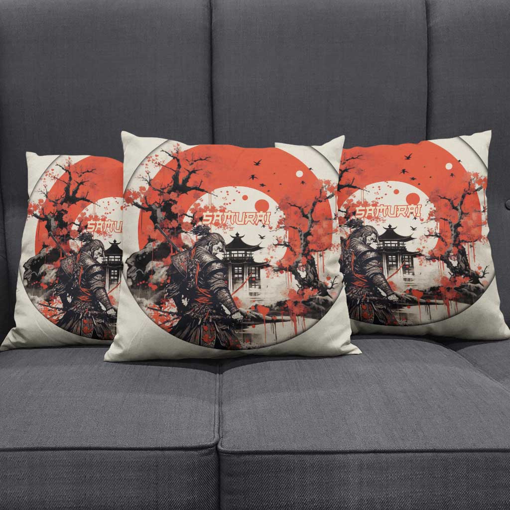 Samurai Warrior Japan Pillow Cover Red-blossomed Tree Classic Japanese Stylized - Polynesian Pride