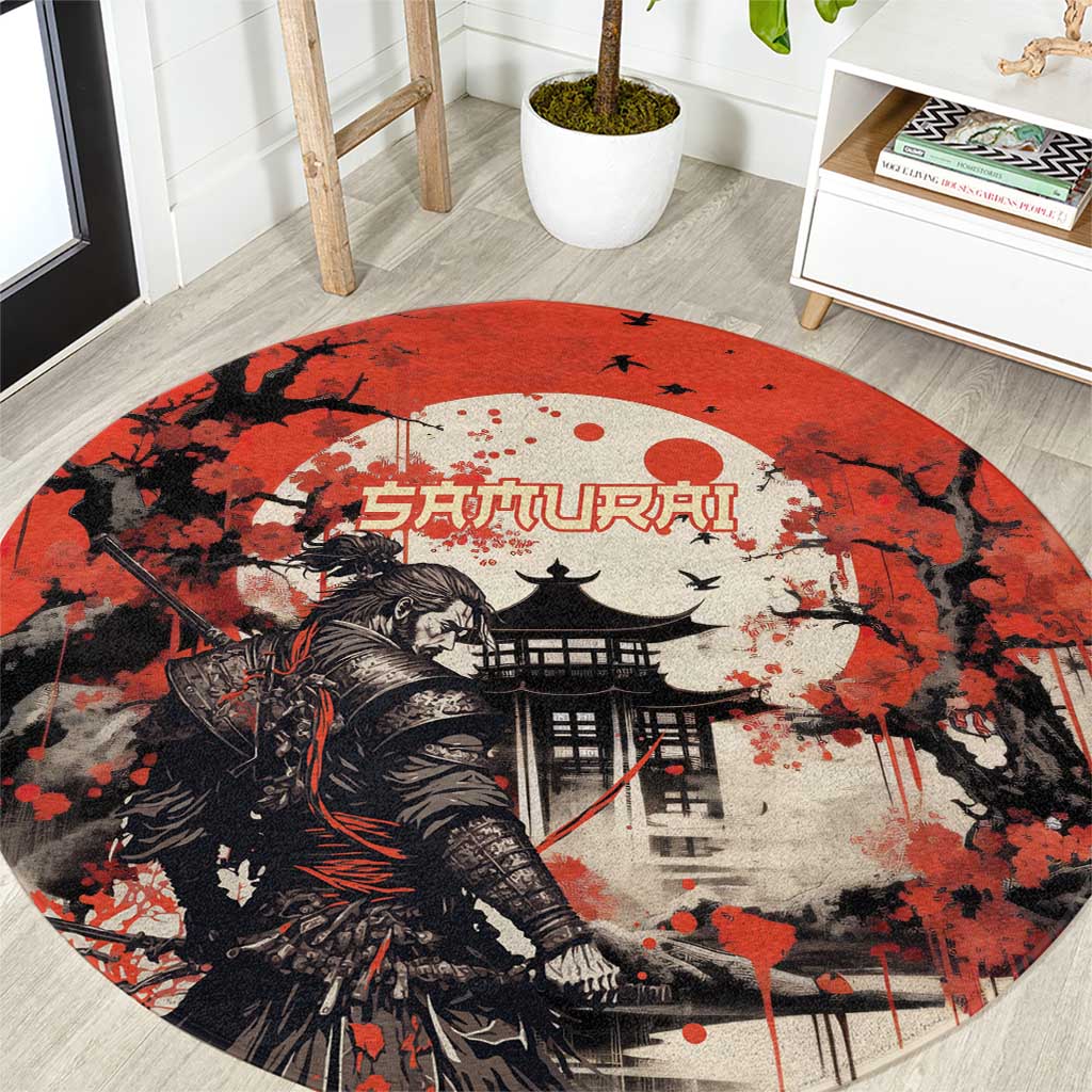 Samurai Warrior Japan Round Carpet Red-blossomed Tree Classic Japanese Stylized - Polynesian Pride