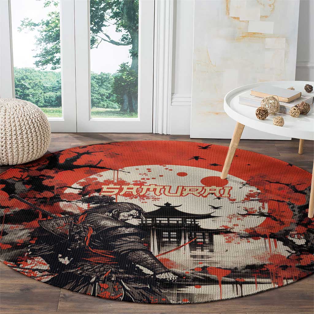 Samurai Warrior Japan Round Carpet Red-blossomed Tree Classic Japanese Stylized - Polynesian Pride